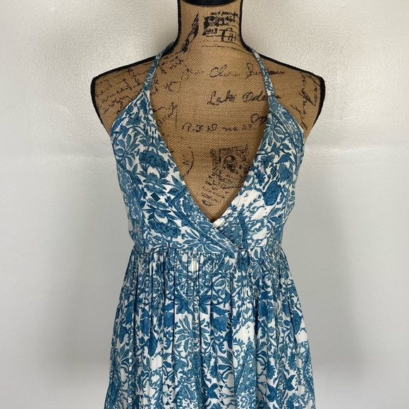 Olivaceous Women's Mini Dress Sundress Size Large Floral Blue Halter Neck Ruffle - Picture 4 of 12